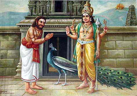 Arunagiri worships Lord Murugan who had just rescued him from certain death by suicide