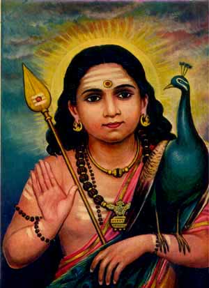 Murugan the Jnana Pandita or Expositor of Gnosis with His symbols the Vel Ayudha or Spear of Wisdom and vehicle/totem the Peacock = Phoenix. Behind Him rises the morning Sun symbolising bodhi or the awakened state of the Comprehensor.
