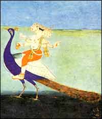 Skanda rides a peacock.