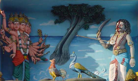 Kanda Sashti Mandapam: Stucco depicting Muruga vanquishing Curapatman
