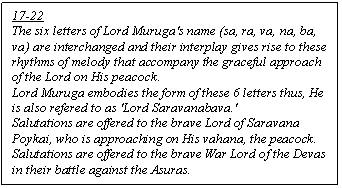 Text Box: 17-22
The six letters of Lord Muruga's name (sa, ra, va, na, ba, va) are interchanged and their interplay gives rise to these rhythms of melody that accompany the graceful approach of the Lord on His peacock.
Lord Muruga embodies the form of these 6 letters thus, He is also refered to as 'Lord Saravanabava.'
Salutations are offered to the brave Lord of Saravana Poykai, who is approaching on His vahana, the peacock.
Salutations are offered to the brave War Lord of the Devas in their battle against the Asuras.
